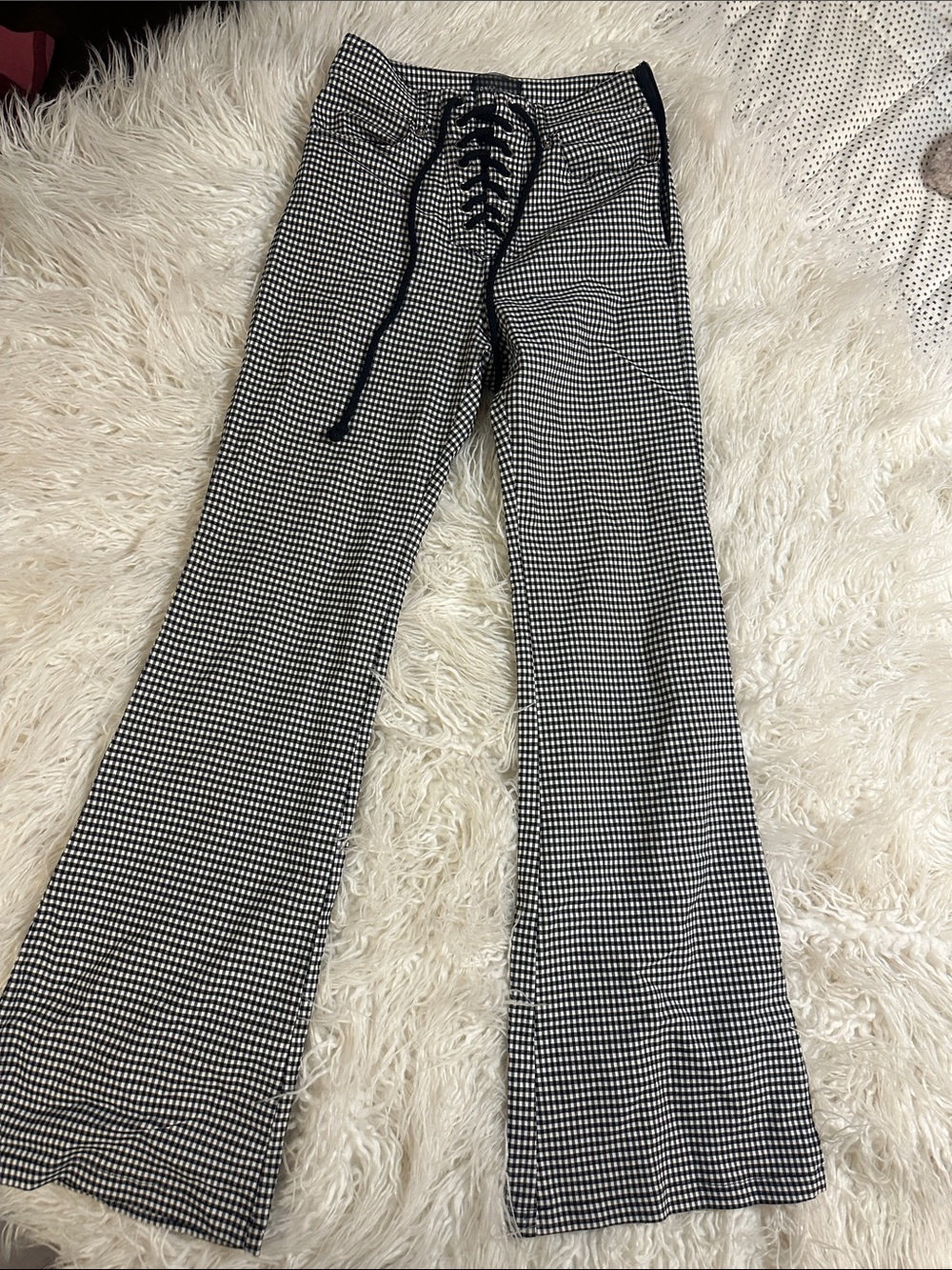Honey Punch Black & White Gingham Lace-Up Flare Pants